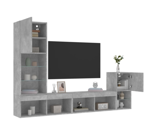 vidaXL Muebles TV pared con LED 4 pzas madera ingeniería gris hormigón