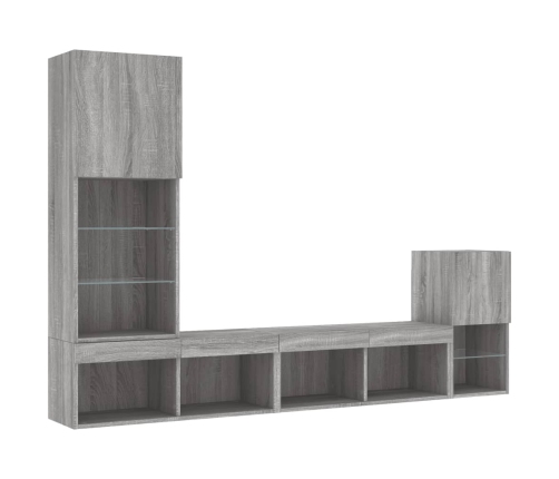 vidaXL Muebles TV pared con LED 4 pzas madera ingeniería gris Sonoma