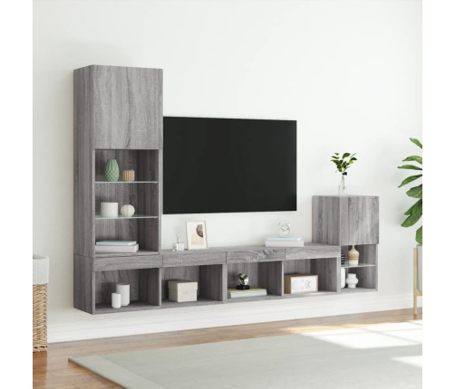 Muebles TV pared con LED 4 pzas madera ingeniería gris Sonoma