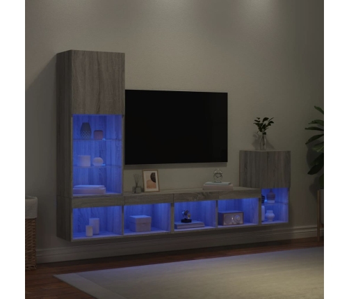 Muebles TV pared con LED 4 pzas madera ingeniería gris Sonoma