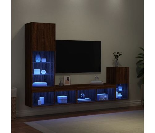 Muebles TV pared con LED 4 pzas madera ingeniería marrón roble