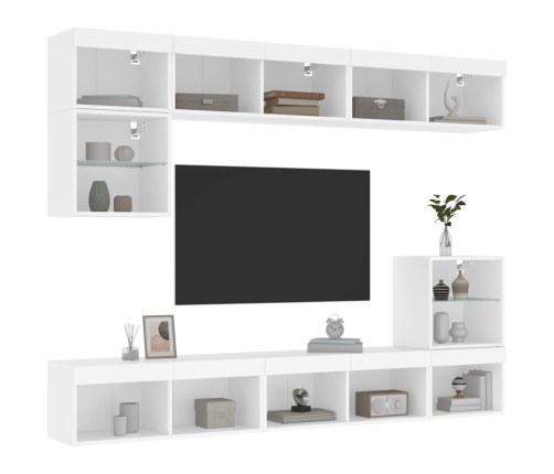 Muebles de TV de pared con LED 8 pzas madera ingeniería blanco