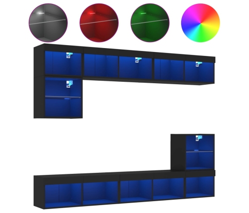 Muebles de TV de pared con LED 8 pzas madera ingeniería negro