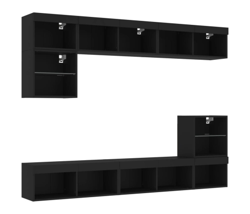 Muebles de TV de pared con LED 8 pzas madera ingeniería negro