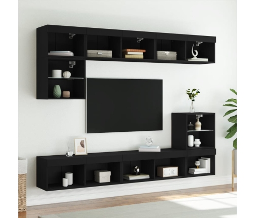 Muebles de TV de pared con LED 8 pzas madera ingeniería negro