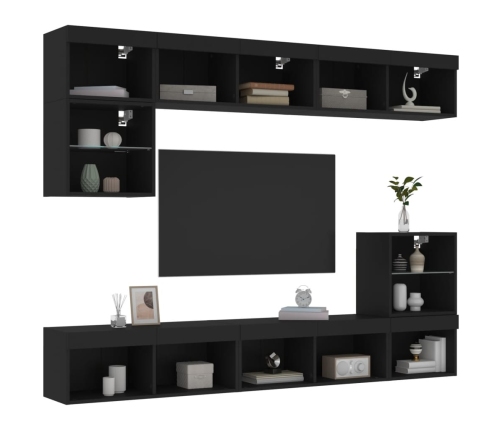 Muebles de TV de pared con LED 8 pzas madera ingeniería negro