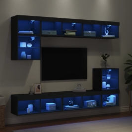 Muebles de TV de pared con LED 8 pzas madera ingeniería negro