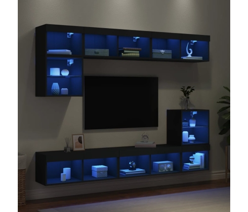 Muebles de TV de pared con LED 8 pzas madera ingeniería negro