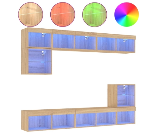 vidaXL Muebles TV pared con LED 8 pzas madera ingeniería roble Sonoma