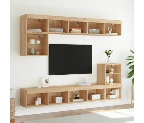 vidaXL Muebles TV pared con LED 8 pzas madera ingeniería roble Sonoma