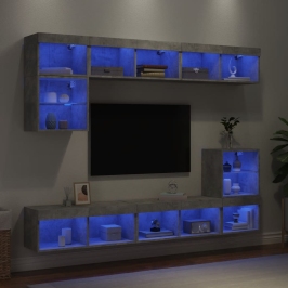 Muebles TV pared con LED 8 pzas madera ingeniería gris hormigón