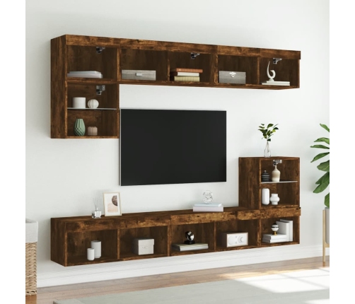 vidaXL Muebles TV pared con LED 8 pzas madera ingeniería roble ahumado