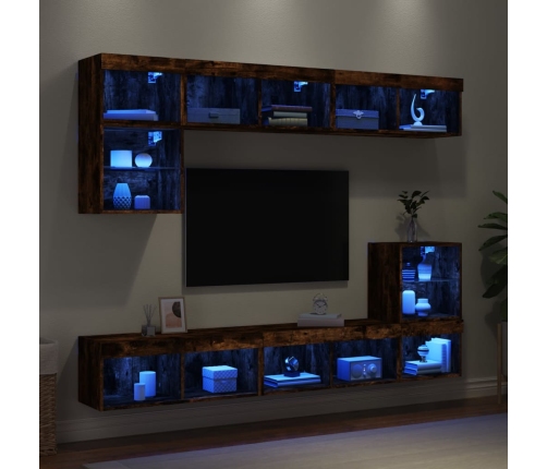 vidaXL Muebles TV pared con LED 8 pzas madera ingeniería roble ahumado