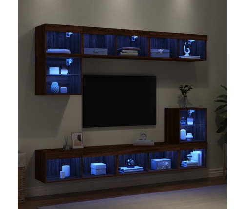 Muebles TV pared con LED 8 pzas madera ingeniería marrón roble