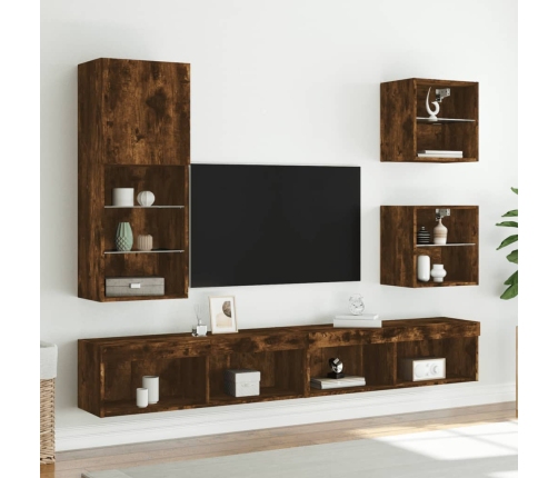 vidaXL Muebles TV pared con LED 5 pzas madera ingeniería roble ahumado