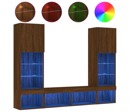 Muebles TV pared con LED 5 pzas madera ingeniería marrón roble