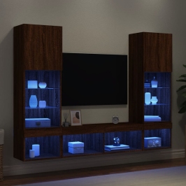 Muebles TV pared con LED 5 pzas madera ingeniería marrón roble