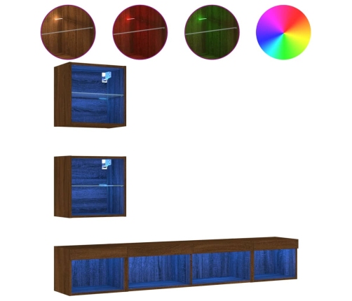 Muebles TV pared con LED 5 pzas madera ingeniería marrón roble