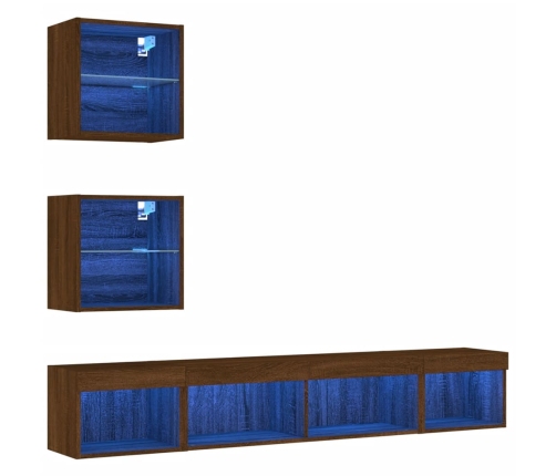 Muebles TV pared con LED 5 pzas madera ingeniería marrón roble