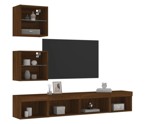 Muebles TV pared con LED 5 pzas madera ingeniería marrón roble
