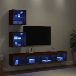 Muebles TV pared con LED 5 pzas madera ingeniería marrón roble