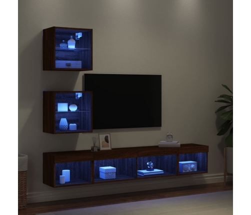 Muebles TV pared con LED 5 pzas madera ingeniería marrón roble