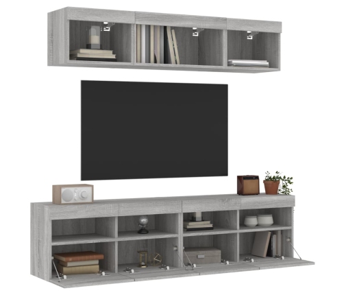 vidaXL Muebles TV pared con LED 5 pzas madera ingeniería gris Sonoma