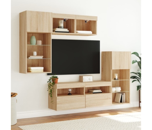 Muebles TV pared con LED 5 pzas madera ingeniería roble Sonoma