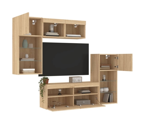 Muebles TV pared con LED 5 pzas madera ingeniería roble Sonoma