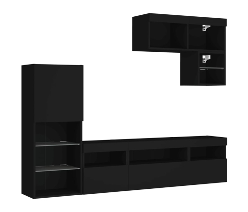 Muebles de TV de pared con LED 6 pzas madera ingeniería negro