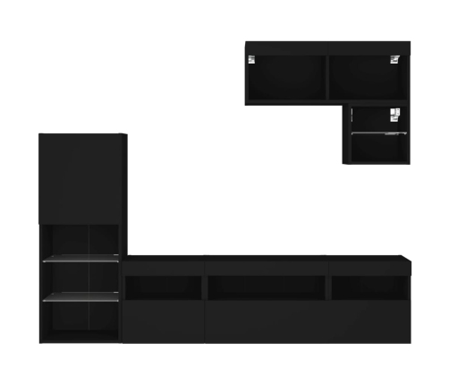 Muebles de TV de pared con LED 6 pzas madera ingeniería negro