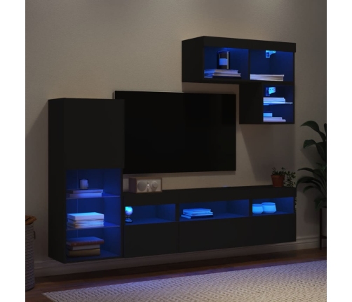 Muebles de TV de pared con LED 6 pzas madera ingeniería negro