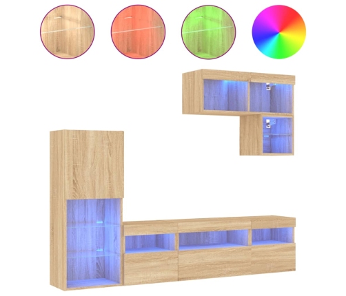 Muebles TV pared con LED 6 pzas madera ingeniería roble Sonoma