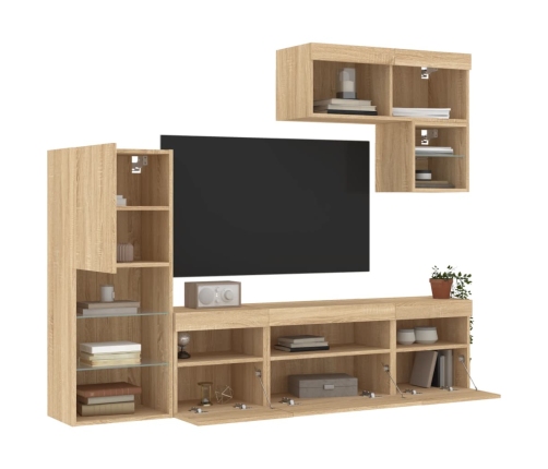 Muebles TV pared con LED 6 pzas madera ingeniería roble Sonoma