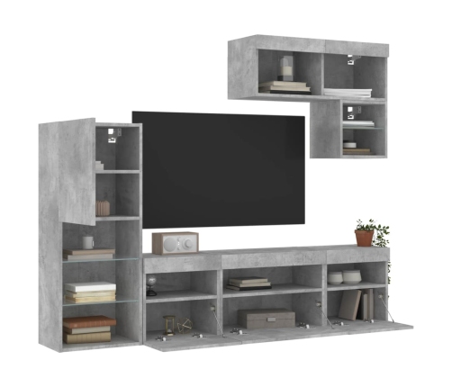 vidaXL Muebles TV pared con LED 6 pzas madera ingeniería gris hormigón