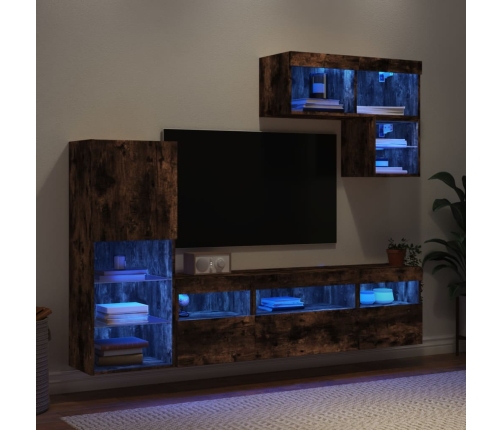 Muebles TV pared con LED 6 pzas madera ingeniería roble ahumado