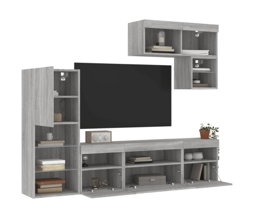 vidaXL Muebles TV pared con LED 6 pzas madera ingeniería gris Sonoma