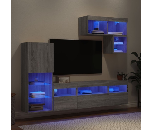 Muebles TV pared con LED 6 pzas madera ingeniería gris Sonoma