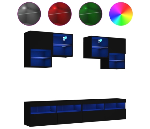 Mueble de pared de TV con luces LED 6 piezas negro