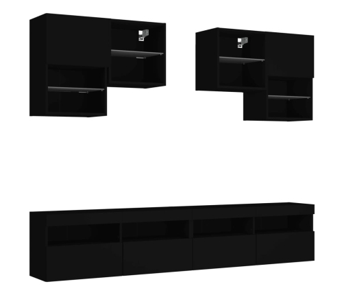 Mueble de pared de TV con luces LED 6 piezas negro