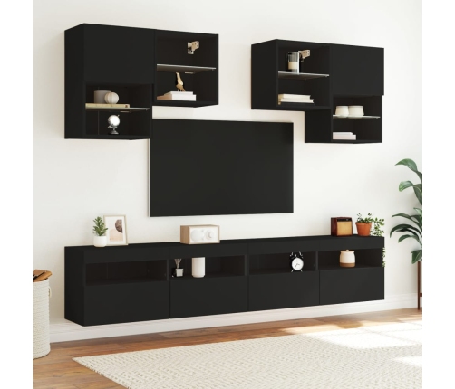 Mueble de pared de TV con luces LED 6 piezas negro