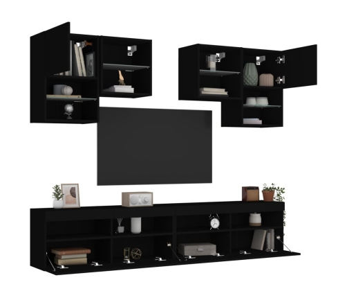 Mueble de pared de TV con luces LED 6 piezas negro