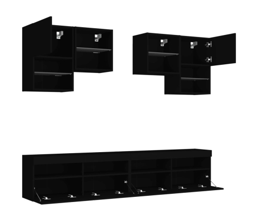 Mueble de pared de TV con luces LED 6 piezas negro