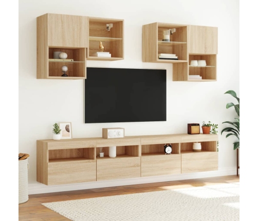 Muebles de TV de pared con luces LED 6 piezas roble sonoma