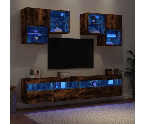 vidaXL Muebles de TV de pared con luces LED 6 piezas roble ahumado