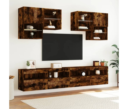 vidaXL Muebles de TV de pared con luces LED 6 piezas roble ahumado