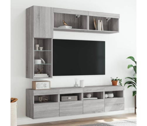 Muebles de TV de pared con luces LED 7 piezas gris sonoma