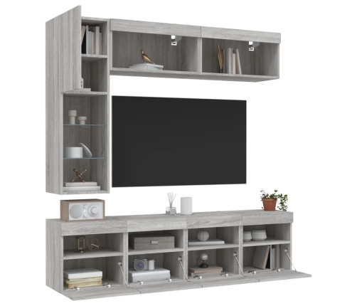 Muebles de TV de pared con luces LED 7 piezas gris sonoma