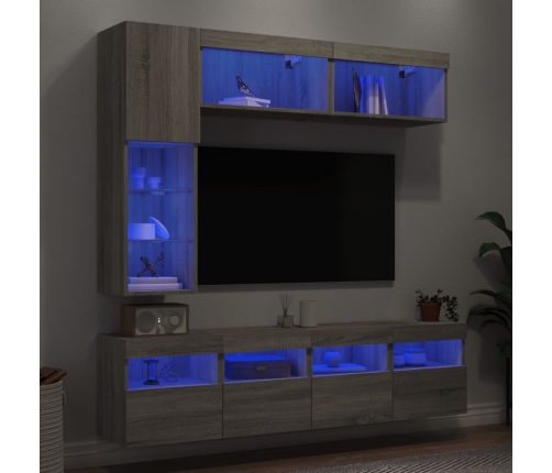 Muebles de TV de pared con luces LED 7 piezas gris sonoma