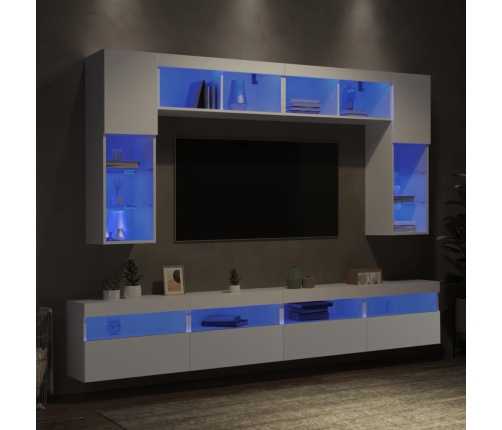 Mueble de pared de TV con luces LED 8 piezas blanco